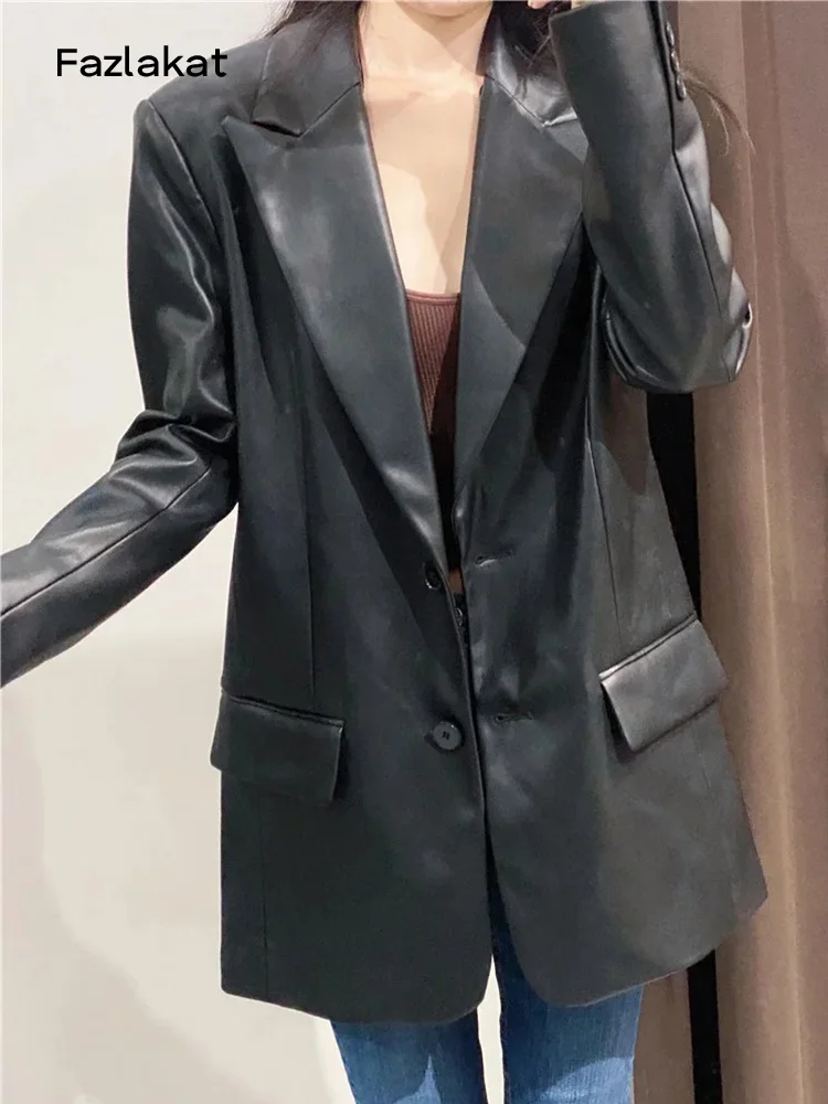 

2021 Long PU Faux Leather Blazers Women Leather Jacket Coat Brand New Women's Jackets Outerwear Ladies Coats Female Leather Suit