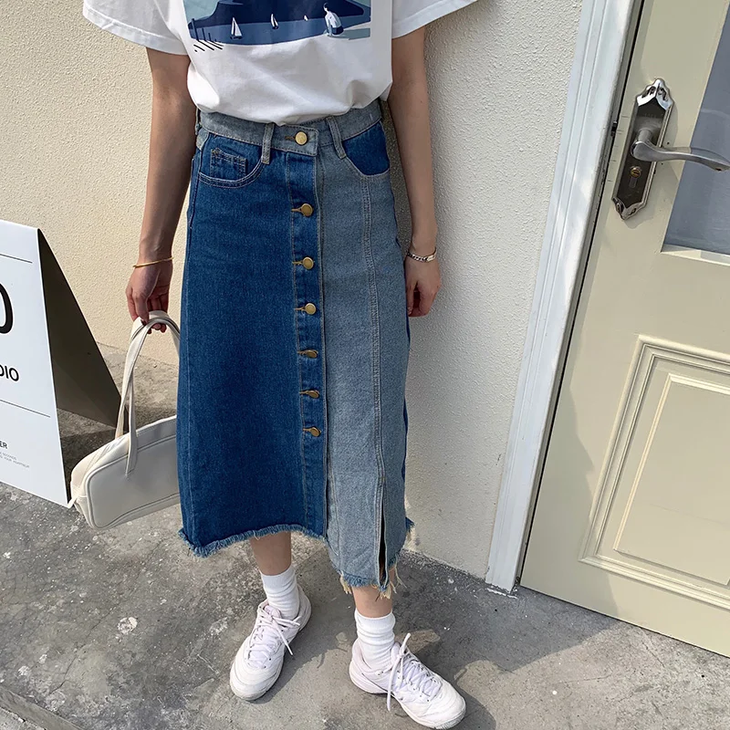 

2021 Spring Summer Women Streetwear Blue Denim Skirt Single Breasted Hole Mid-calf A-line High Waist Laides Jeans Skirts