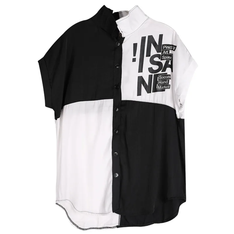 

Vefadisa Black White Stitching Color Women Blouse 2021 Summer Letter Print Blouse Fashion Patchwork Casual Shirts Loose QYF5834