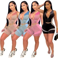 two piece sets women skinny outfits fashion patchwork women tracksuit zip sleeveless crop top and biker shorts 2pcs matching set