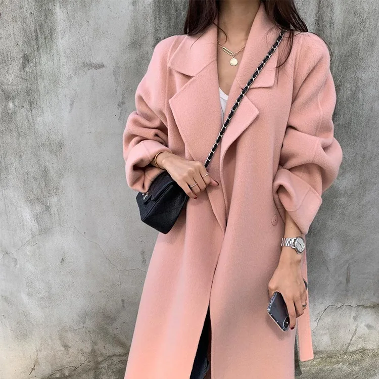 

Autumn And Winter 2021 Ins Double-sided Cashmere Coat Women's Medium And Long Loose Side Slit Wool Tweed Coat