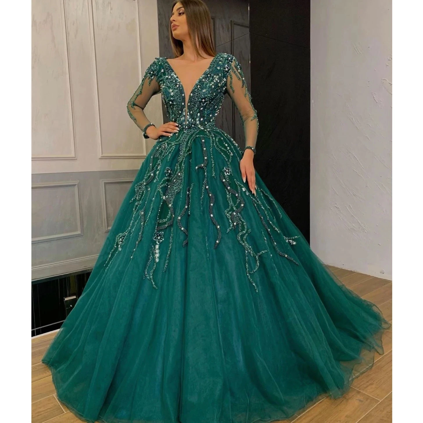 

Green tulle perspective long-sleeved beaded prom dress formal banquet party wedding show dress custom