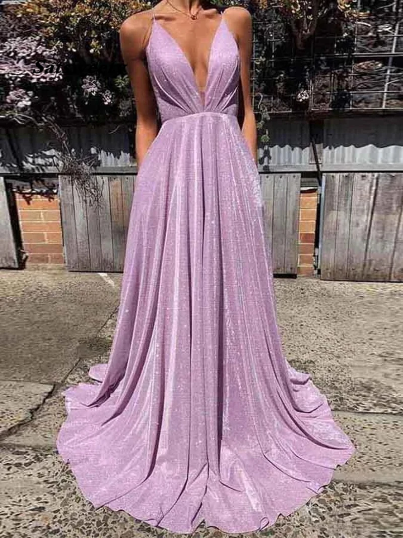 

Satsweety Backless Prom Dresses Spaghetti Straps A line Sparkly Lilac Fashion Evening Dress Plus Size Party Gown