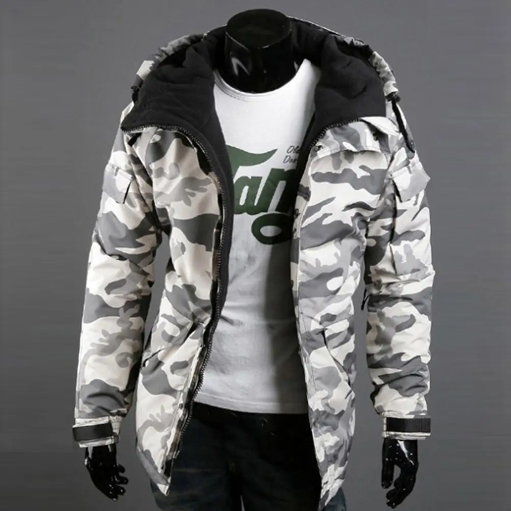 Autumn Winter Keep Warm Men Fashion Thicken Camouflage Print Pocket Fur Windbreaker Jacket Zipper Long Sleeve Coat