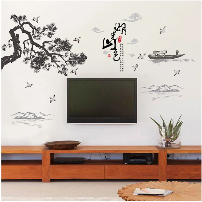 

Chinese style landscape painting, TV Wall stickers, tree, boat, bird home decor, PVC art, creative wall stickers, wallpaper