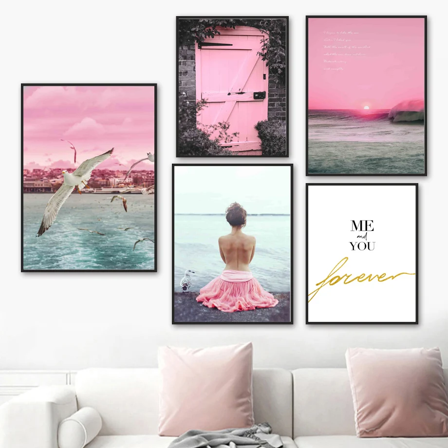 

Girl City Seagull Sunrise Sea Waves Door Wall Art Canvas Painting Nordic Posters And Prints Wall Pictures For Living Room Decor