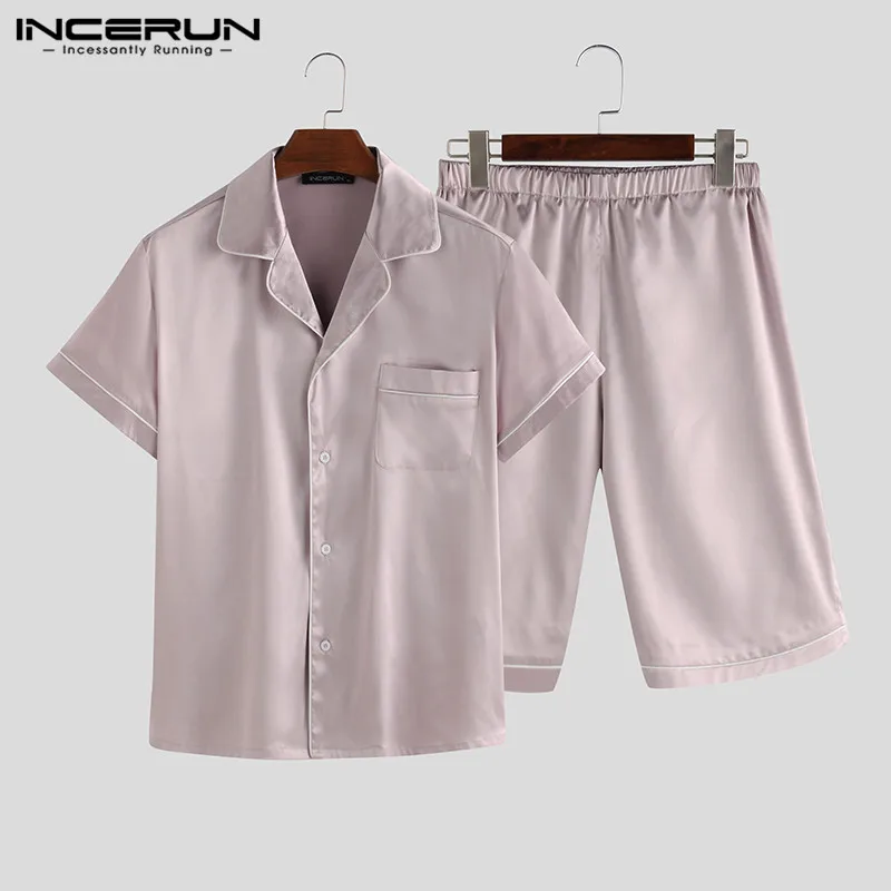 

INCERUN Men's Short Sleeve Short Pants Pajamas Sets Summer Solid Color Home Sleepwear Causal Loose Ice Silk Lapel Nightwear 5XL