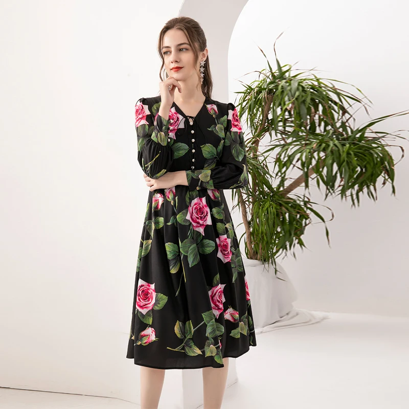 

Designer Fashion Spring Autumn New Classic Elegant Party V-Neck Sexy Button Long Sleeve Rose Print Midi Dress