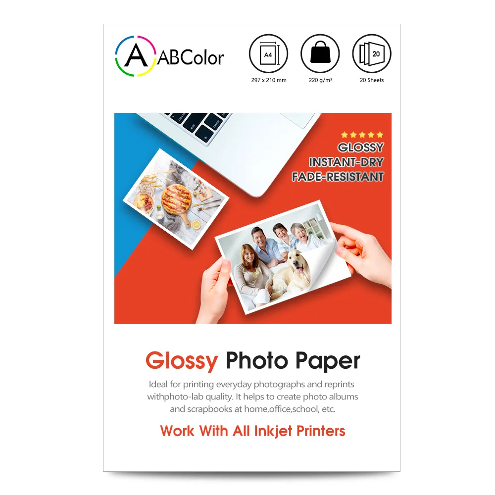 

100 Sheets A4 Glossy Photo Paper Waterproof Photographic Paper 220g Printing Paper for Inkjet Printer