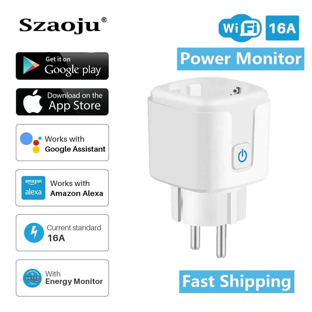 

Szaoju Tuya 16A EU Standard WiFi Smart Plug Socket With Power Energy Monitor APP Remote Smart Socket Works for Google Home Alexa
