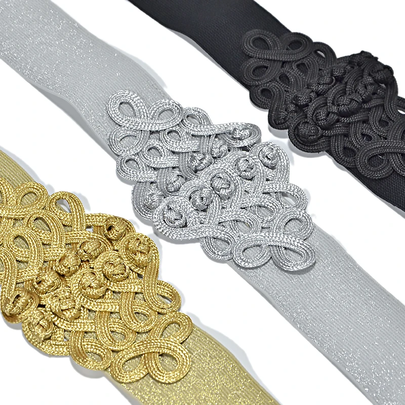 

Luxury Brand Chinese Knot Ethnic Wide Stretchy Waistband Novelty Black/Gold/Silver Elastic Wide Belt For Women Dress Bg-923
