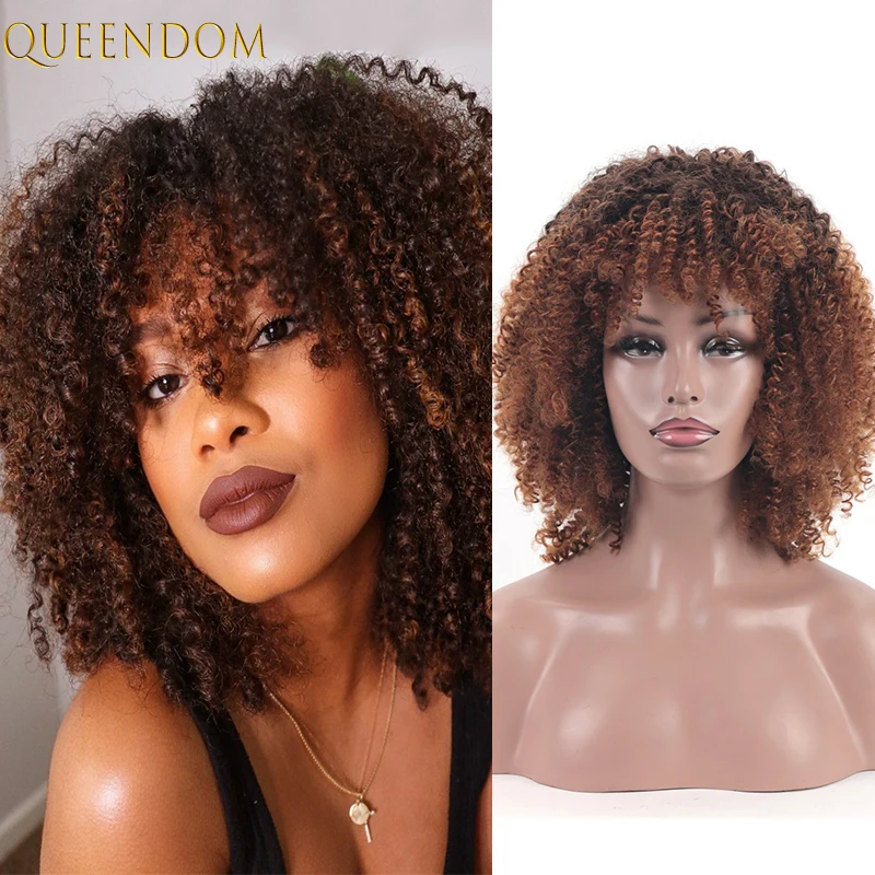 

Puffy Short Kinky Curly Wig 12'' Honey Brown Afro Curly Bob Wigs for Women Synthetic Ombre Blonde Deep Curly Red Wigs with Bangs