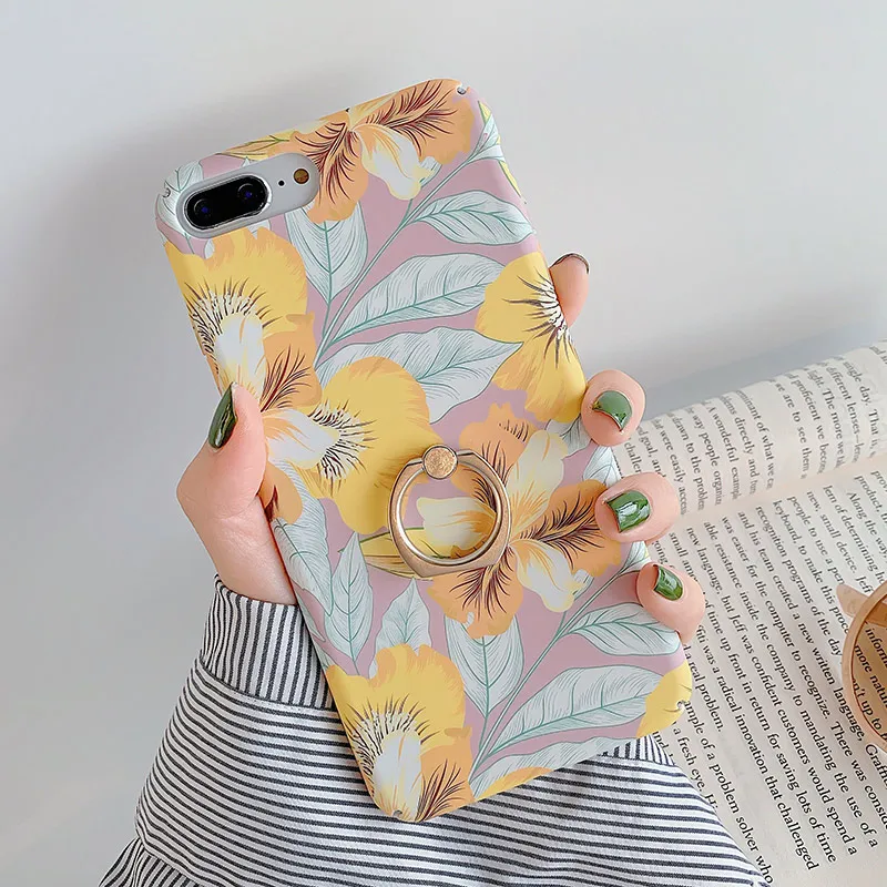 IK68-OFlowerYello SoCouple чехол с кольцом для iphone X 11 Pro Max чехол для iphone XR Xs max 7 8 6 6s plus растительный лист узор накладка держатель для телефона - Цвет: IK68-OFlowerYello