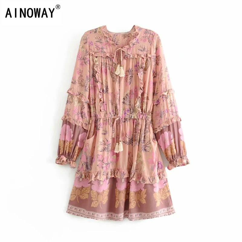 Винтажное шикарное женское платье с цветочным принтом длинным рукавом v образным