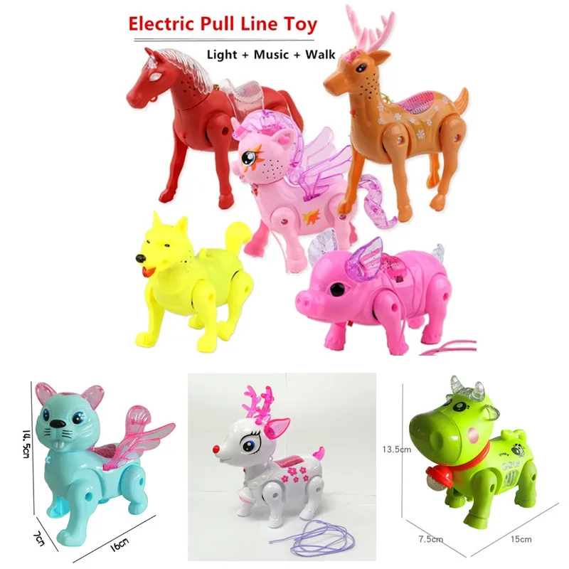 Upgrade Electric Pull Line Animal Toy Unicorn, Horse, Deer, Pig, Squirrel, Cattle And Dog,With Light + Music + Walking