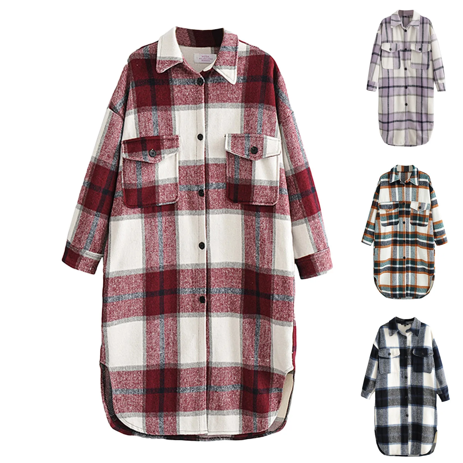 

Women Fashion Lattice Coat Button Casual Long Sleeve Lapel Loose Overcoat