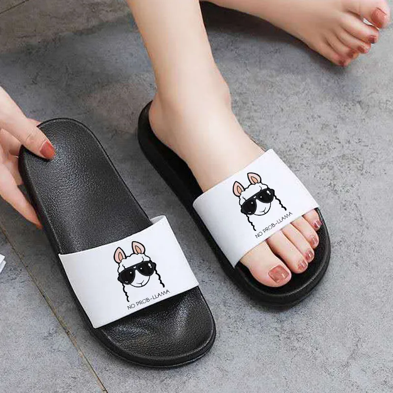 

2021 Women Slippers Kawaii Alpaca Print Summer Beach Open Toe Flip Flops Animal Pattern Comfortable outdoor slides