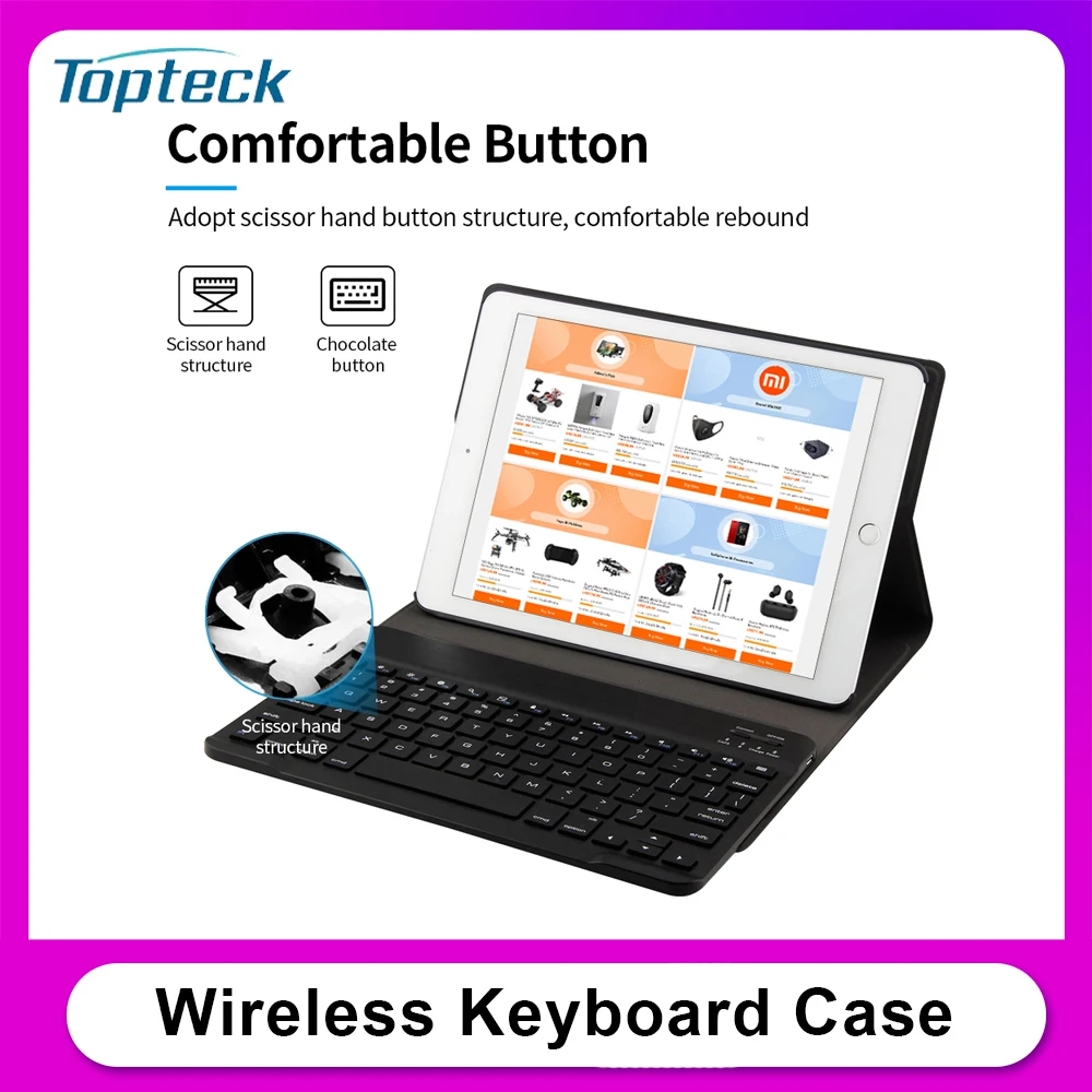 

BT3.0 Wireless Keyboard Case Tablet Protective Case for iPad Air1/iPad Air2/iPad Pro 9.7/iPad 9.7(2017/2018) (Black-Black)