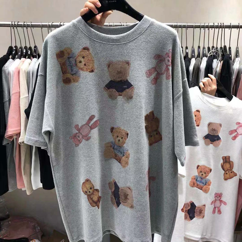 

2021 New Summer Harajuku Women T-shirt Oversize Korean Cute Cartoon Bear Print Loose Tops Plus Size Tees M-5XL