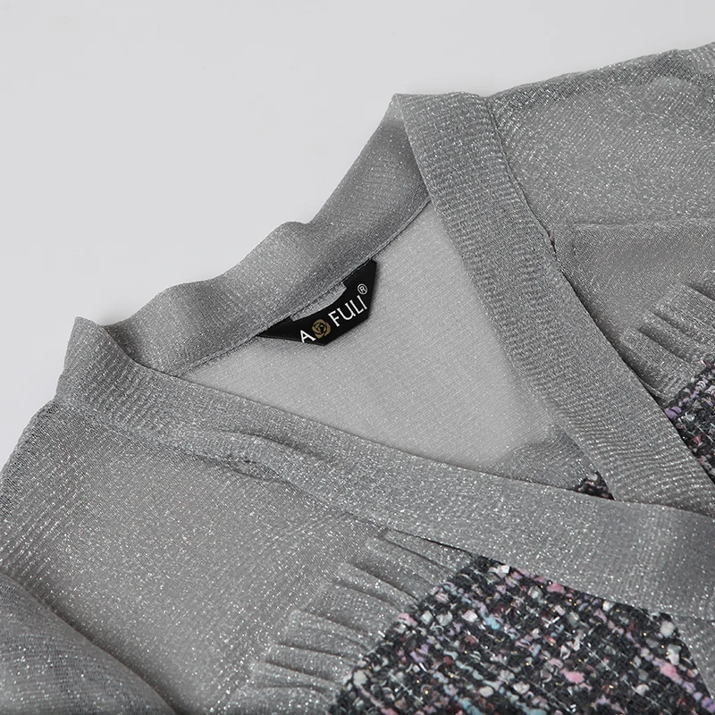 L~ 4XL 5XL сексуальное прозрачное Сетчатое твидовое платье весеннего размера плюс с бантом из ленты однобортное трикотажное платье с длинным рукавом AOFULI A4064