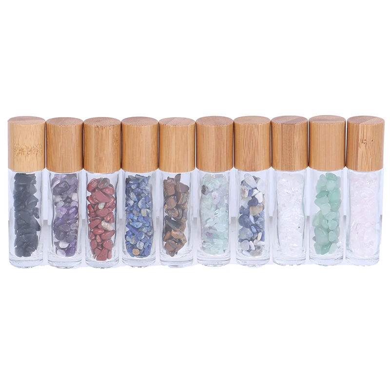 

1pcs 10ml Transparent Glass Natural Gemstones Essential Oil Roller Ball Bottles With Bamboo Lid Caps