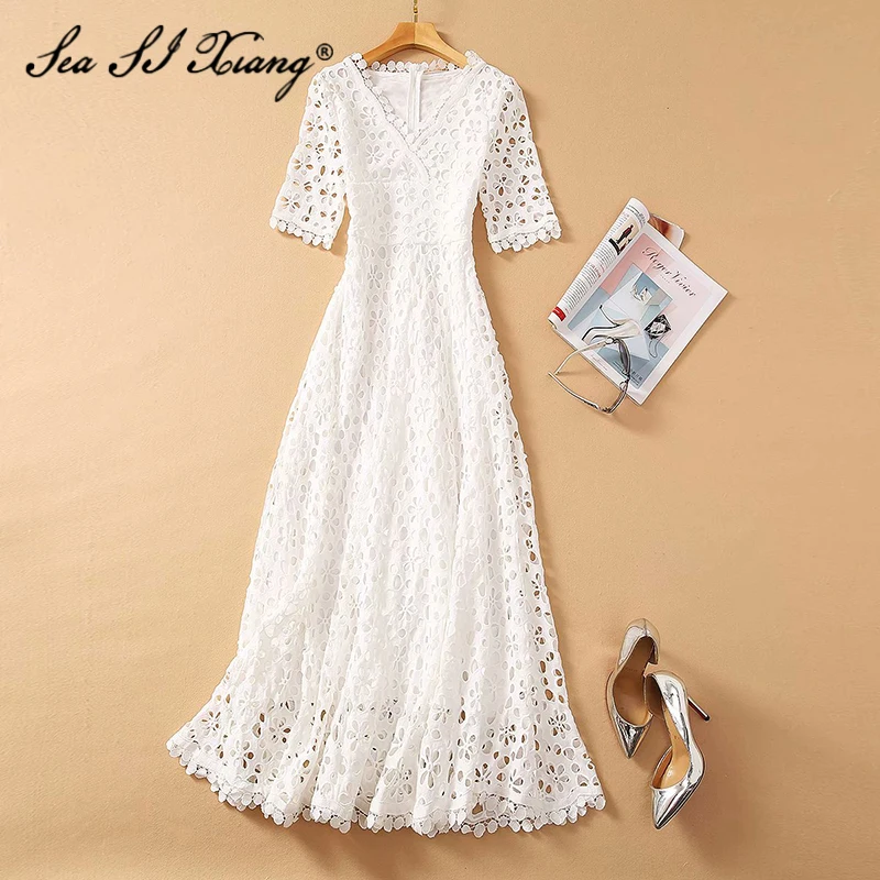 

Seasixiang Fashion Designer Spring Dress Women's V-neck Short Sleeve Hollow out Embroidery Long Dresses