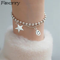 foxanry new trendy double layered thai silver chain bracelet for women vintage hollow smiley face pendant birthday party jewelry