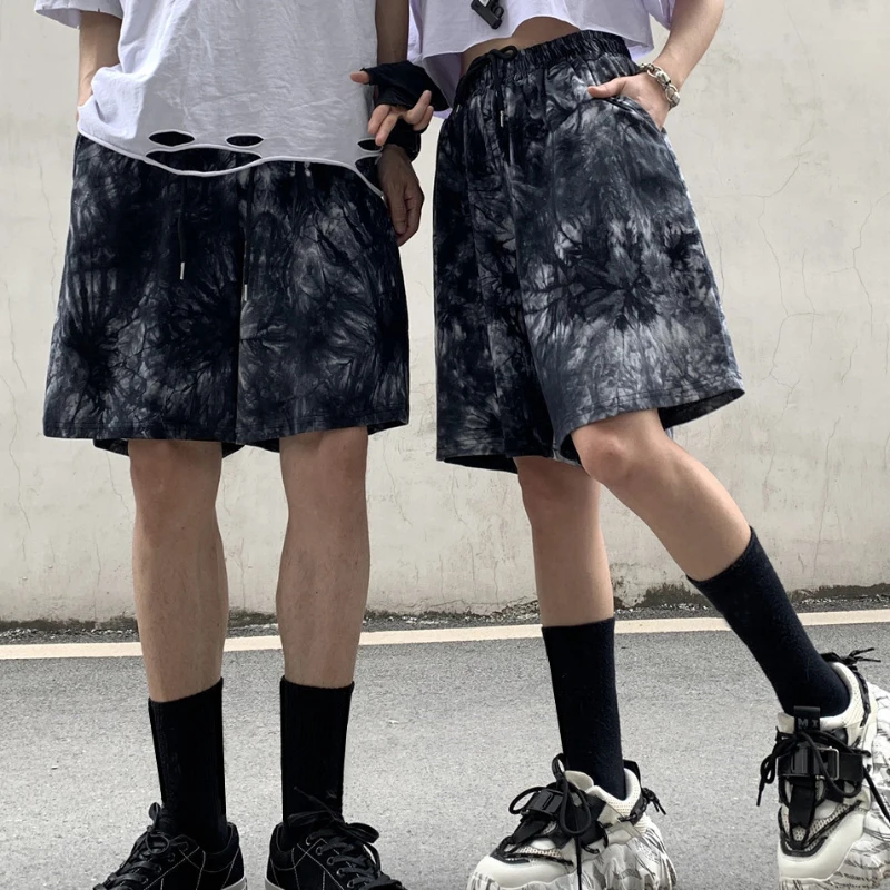 

Zoki Bf Women Knee Pants Summer High Waist Harajuku Streetwear Wide Leg Pants Vintage Thin Tie Dye Black Couple Short Pants