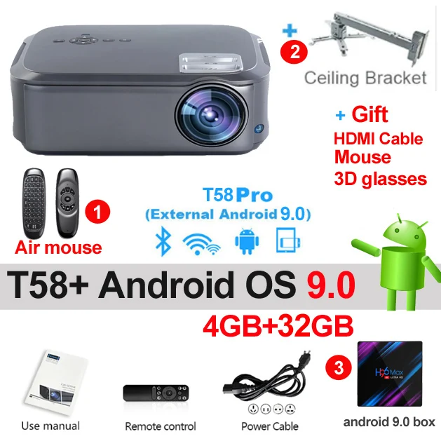 T58 OS 32G add Brack WZATCO T58 Android 9,0 проводной синхронизация Дисплей для Iphone Full HD светодиодный проектор 1920*1080p портативный видеопроектор для домашнего кинотеатра - Цвет: T58 OS 32G add Brack