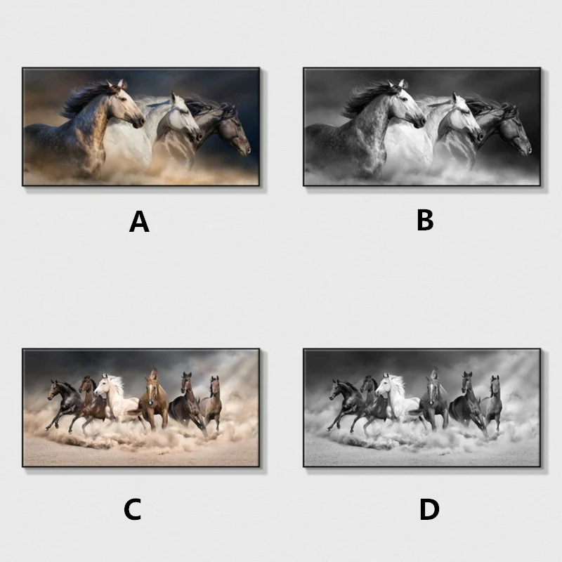 Настенный постер с изображением черно-белой бегущей лошади картины животными