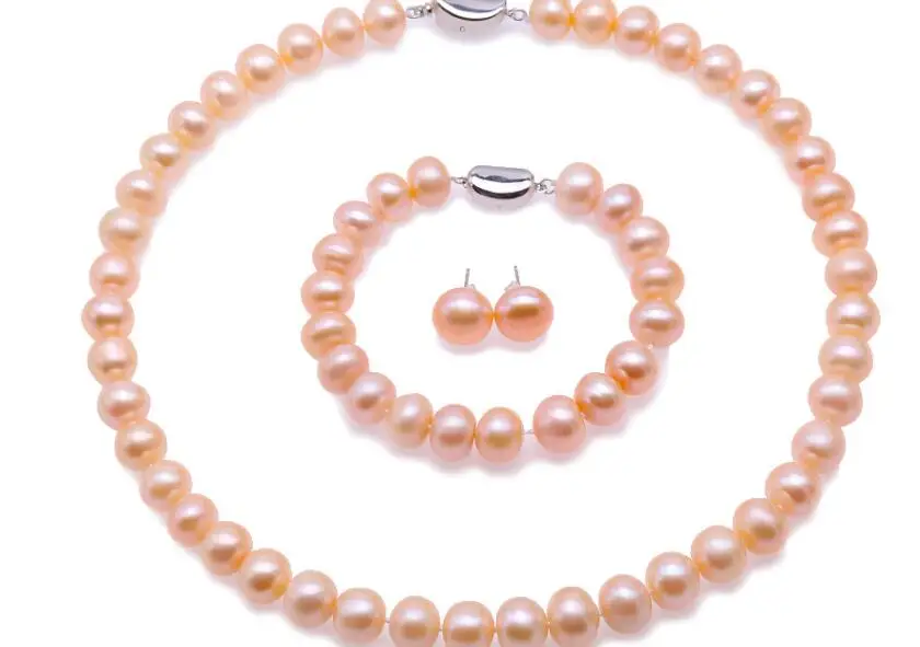 

10mm pink pearl Women Jewelry set necklace bracelet stud earrings 925 silver clasp AAA Cultured freshwater pearl