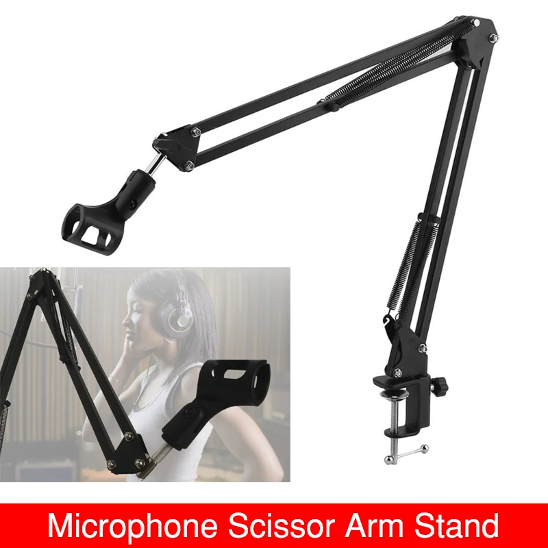 

Microphone Holder Suspension Boom Scissor Extendable Arm Stand Holder with Mic Clip Table Mounting Clamp for Studio Broadcast