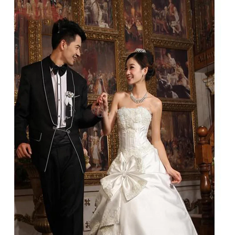

New High Quality Stunning A-Line Strapless Floor Length Appliques Beading With Bow Lace-up or Zipper Bridal Gown / Wedding Dress