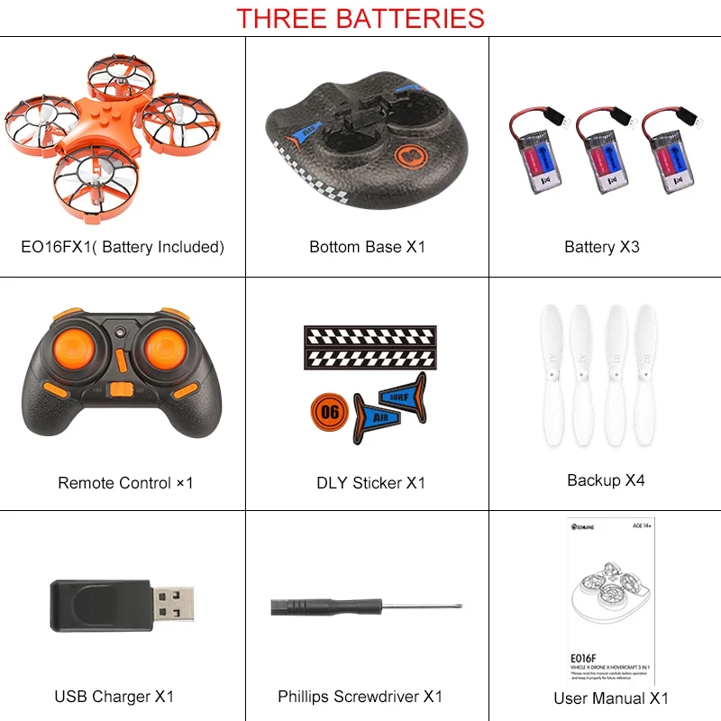 Three Batteries Eachine E016F 3-в-1 ЕНП Летающий воздушный лодка Land режим вождения Съемный один ключ возврата RC Квадрокоптер RTF - Цвет: Three Batteries