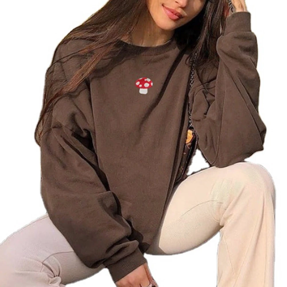 

Women Mushroom Embroidery Hoodies Brown Sweatshirt Female Fashion 2021 Sweatshirt Cute Long Sleeve O-Neck Streetwear Pullover