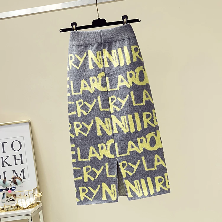 gray yellow letters Зимние женские юбки шерстяной вязаный карандаш юбка-миди буквы алфавита сплит высокая талия большая эластичность - Цвет: gray yellow letters