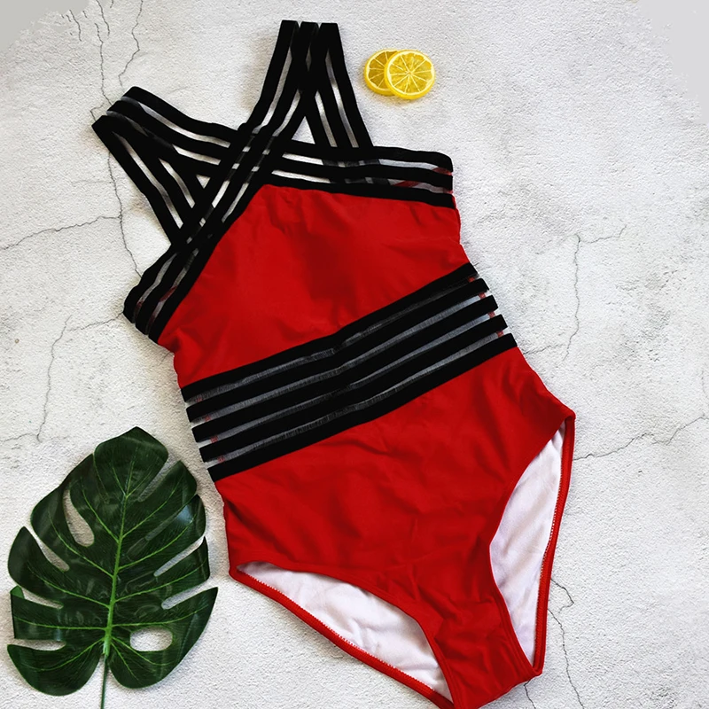 Черный купальник 2020 сетчатый лоскутный цельный женский с открытой спиной