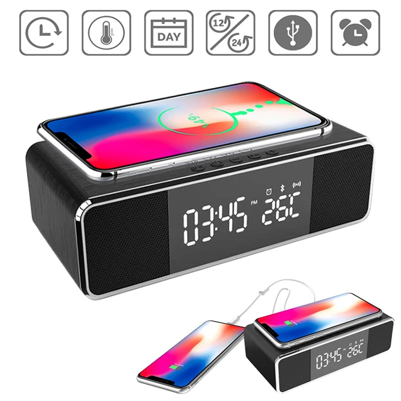 

Qi Wireless Charger LED Electric Alarm Clock Digital Thermometer Clock HD Mirror Clock With Phone Wireless Charger And Date