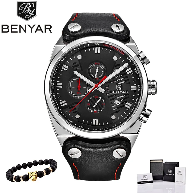 L-silver red Benyar часы мужские роскошные Топ бренд мужские s водонепроницаемые часы мужские спортивные наручные часы Мужские часы с кожаным ремешком Relogio Masculino - Цвет: L-silver red