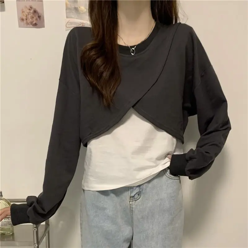 

Long-sleeved Fake Two-piece T-shirt Women T-shirts 2022spring Autumn New Korean Fashion Aesthetic O-neck Patchwork Clothes Trend