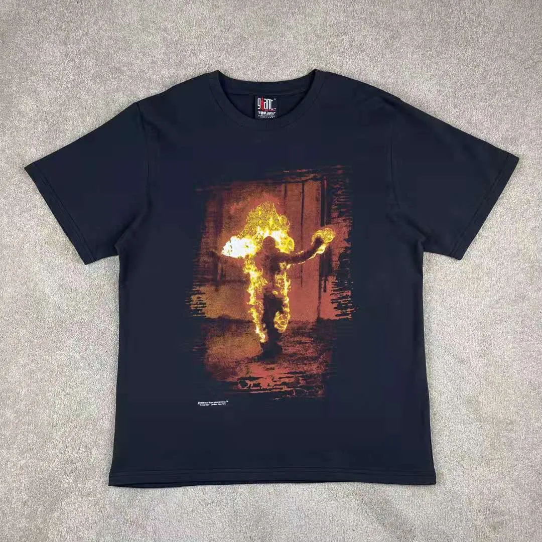 

High Street Cotton Crew Neck T-shirt Summer Men Women Oversized Vintage T-shirt Flame Print Pattern Tops Anime Harajuku