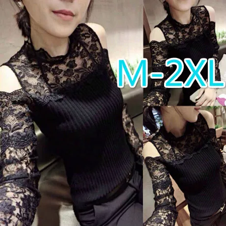 Elegant long-sleeved beaded women's lace shirt crochet shirt mesh shirt women's clothing S-5XL - Цвет: black