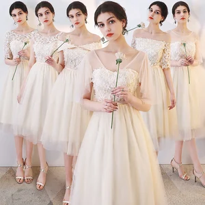 Bridesmaids Dresses Illusion O-Neck Appliques Embroidery Pearls Lace Tulle Off The Shoulder A-Line Women Wedding Party Gown E089 Bridesmaids Dresses Illusion O-Neck Appliques Embroidery Pearls Lace Tulle Off The Shoulder A-Line Women Wedding Party Gown E089