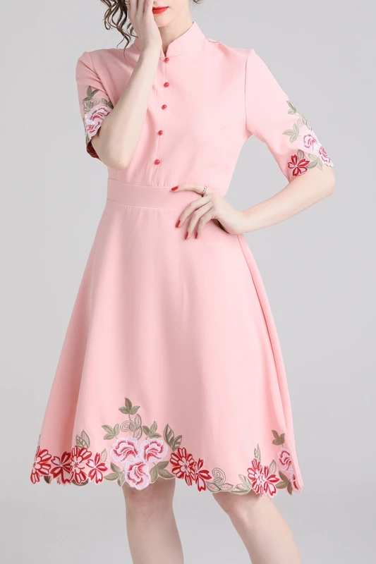 

Women Dress Summer Vintage Embroidery Stand Collar Short Sleeve Slim Casual Elegant Mid-long Dresses Plus Size