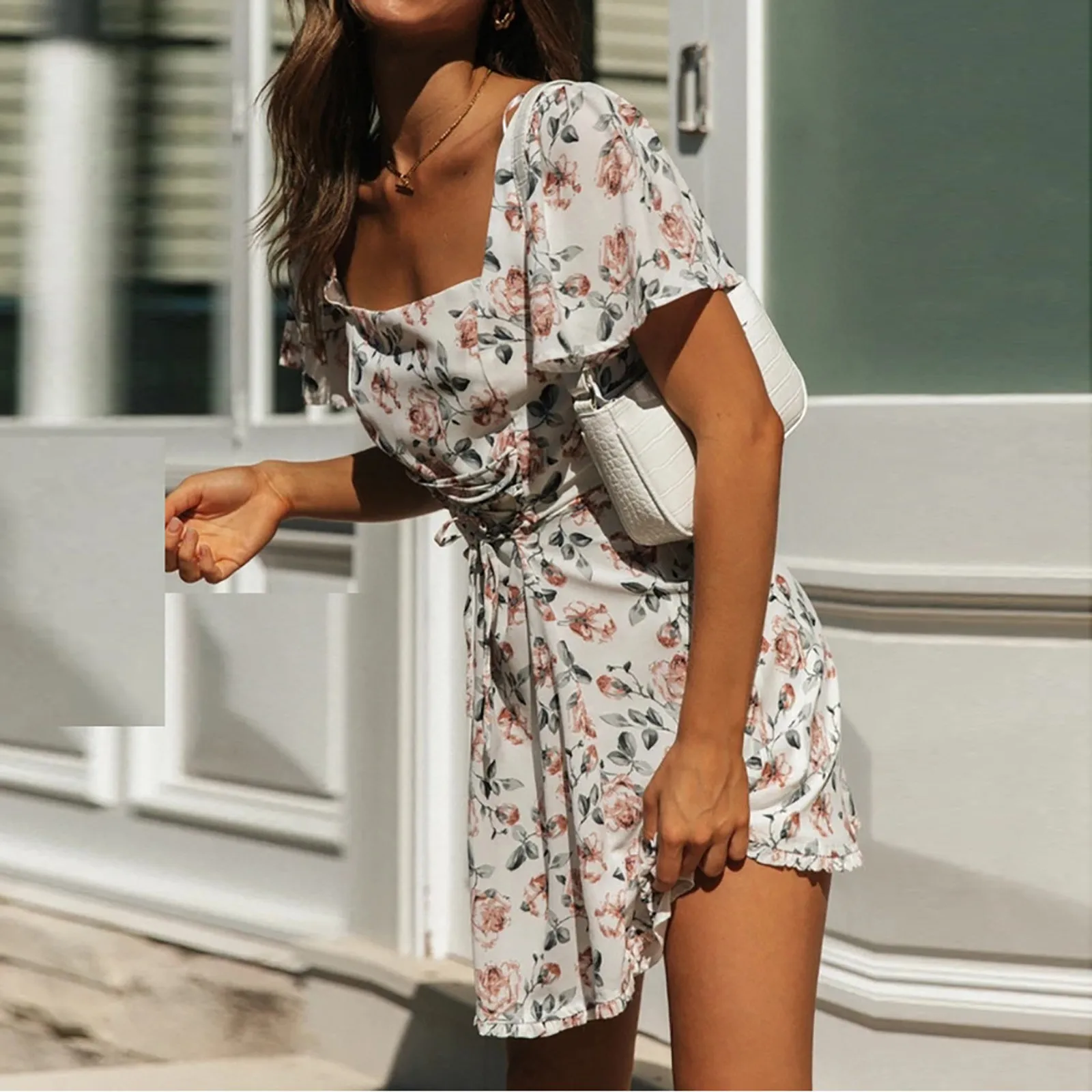 

40# Bohemia Floral Print Dress Woman Sexy Square Collar Holiday Beach Summer Dress Short Sleeve Dresses For Women Vestidos
