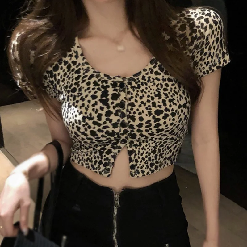 

Sexy Leopard Print T-shirt Round-Neck Slim Short Sleeve Summer Sexy Tops T Shirt Korean Style T-Shirts