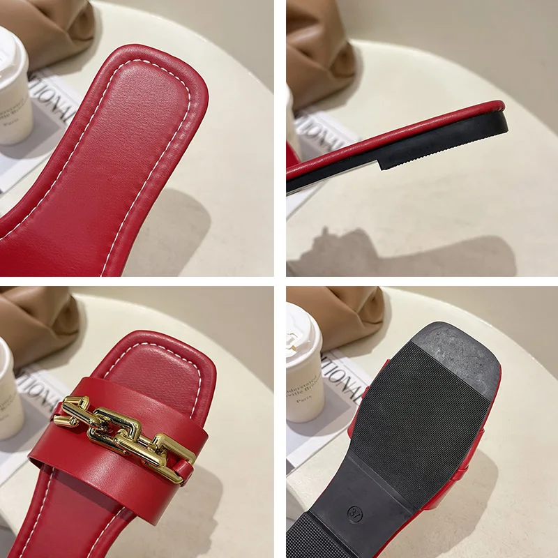 

Big Size Women Slippers Female Shoes Rubber Slippers Home Flats Ladies Flip Flops Metal Decoration Slides 2021 Shoes For Women