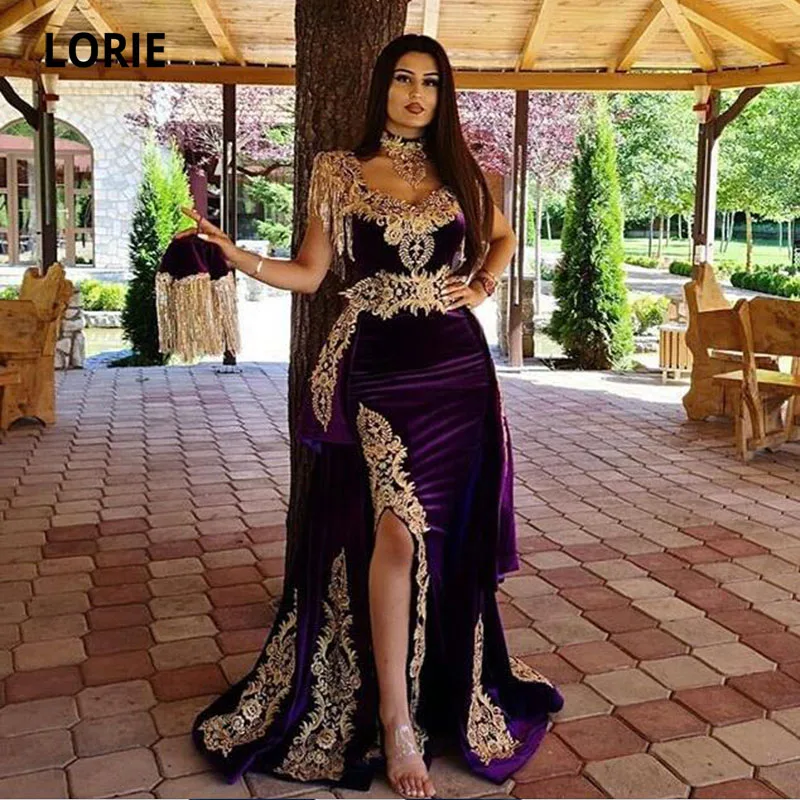 LORIE Moroccan Caftan Evening Dress with Detachable Train Gold Appliques Velvet Mermaid Dubai Arabic Prom Gown Party Dress 2021