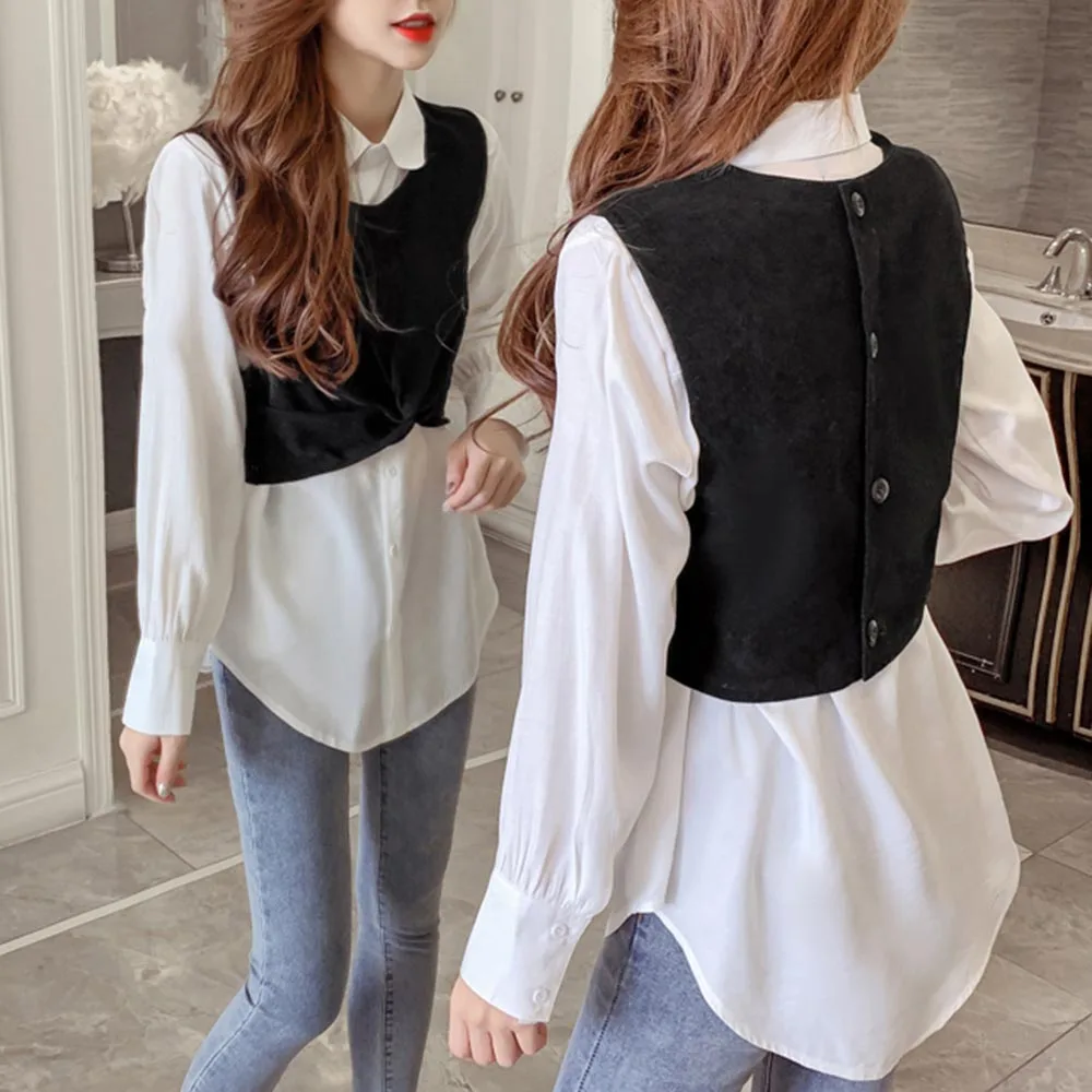 

Women's Blouse Spring 2021 New Female Design Sense Pleated Short Waistcoat Western Style Shirt Women Wild Fake Two-piece Tops
