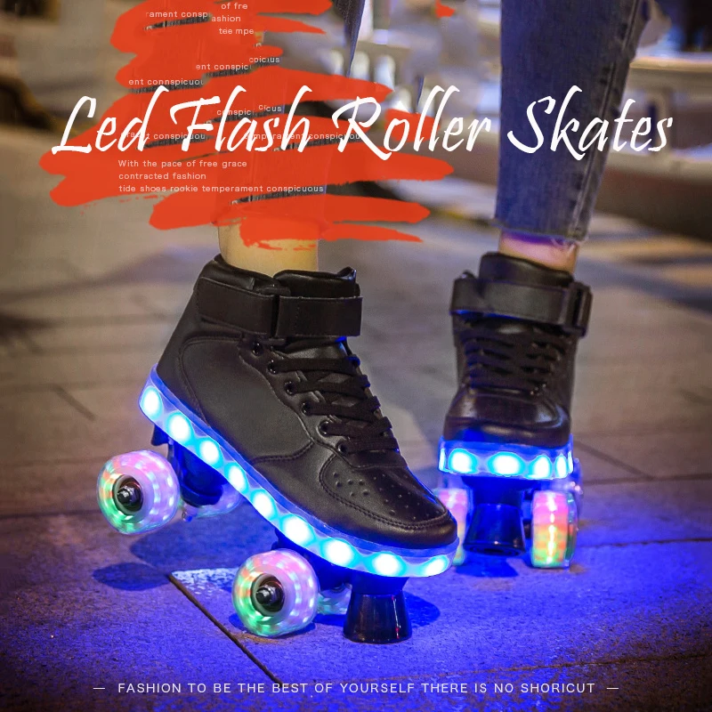 2021 New Led Rechargeable 7 Colorful Flash Shoes Double Row 4 Wheels Roller Skates Women Man Kids Patines Rollerblading Sneakers